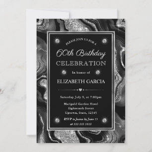 Invitación Elegante Cumpleaños 60 Brillante Agata Negro y Pla