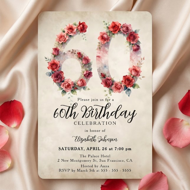 Invitación Elegante cumpleaños 60 con acuarela de rosa roja v (Subido por el creador)