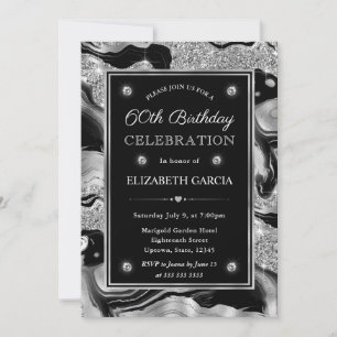 Invitación Elegante Cumpleaños 60 con Agata Brillante de Negr