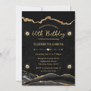 Invitación Elegante Cumpleaños 60 con Agata Brillante Negra y