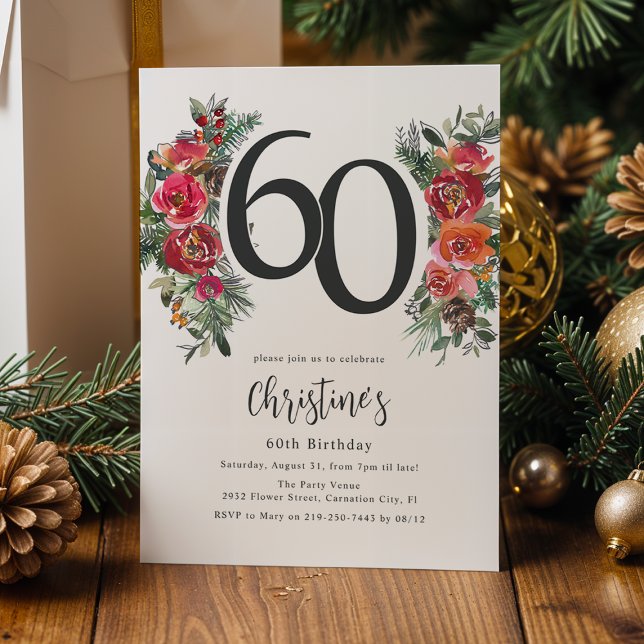 Invitación Elegante Cumpleaños 60 con Flores Naranjas y Rojas (Subido por el creador)