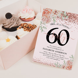 Invitación Elegante Cumpleaños 60 con Flores Rosadas y Brillo