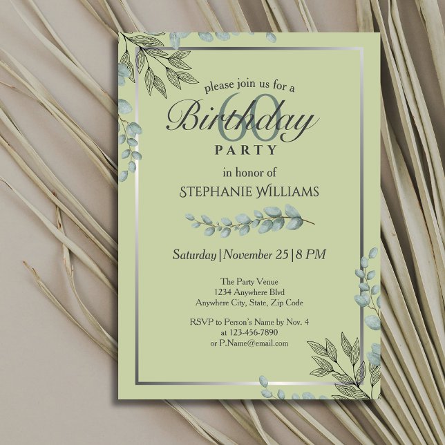 Invitación Elegante Cumpleaños 60 de Mujer con Flor de Verde  (Subido por el creador)