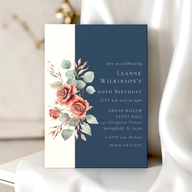 Invitación Elegante Cumpleaños 60 de Rosa Eucalipto Azul Mari (Subido por el creador)