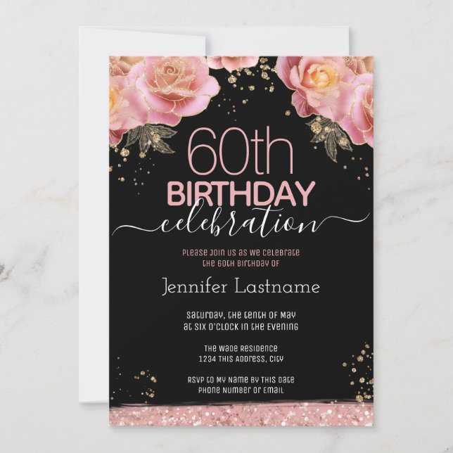 Invitación Elegante Cumpleaños 60 Floral Rosa Fiesta Cumpleañ (Anverso)