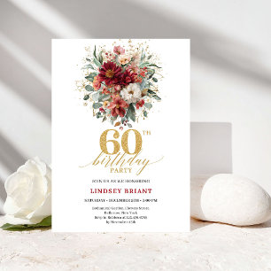 Invitación Elegante Cumpleaños 60 Marsala Dorado Floral Otoño