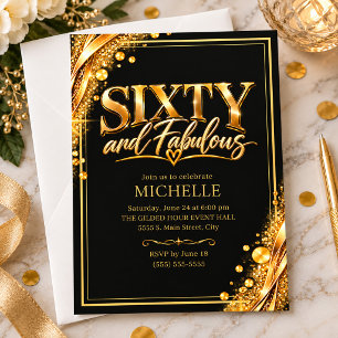Invitación Elegante Cumpleaños 60 Negro Oro Sesenta Fabuloso