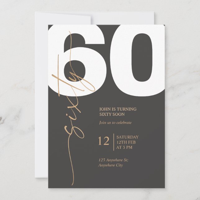 Invitación Elegante Cumpleaños 60 Negro y Dorado (Anverso)