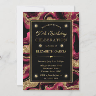 Invitación Elegante Cumpleaños 60 Rojo y Dorado con Brillo de
