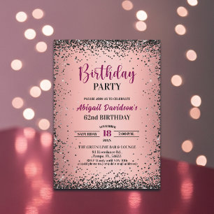 Invitación Elegante Cumpleaños 62 Glitter Metálico Rosa