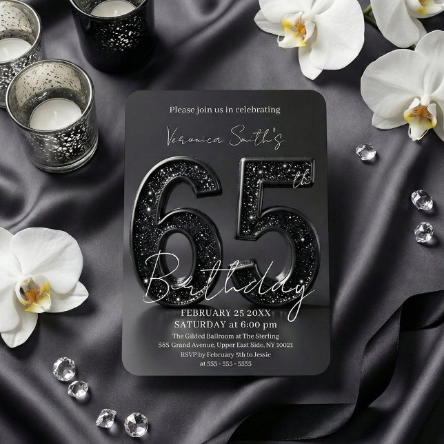 Invitación Elegante Cumpleaños 65 con Brillo 3D Negro (Subido por el creador)