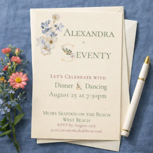Invitación Elegante Cumpleaños 70 Años Floral Acuarela Crema