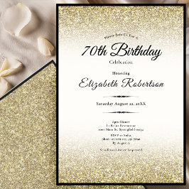 Invitación Elegante Cumpleaños 70 con Brillo Negro y Dorado
