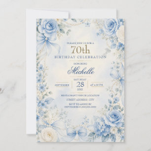 Invitación Elegante Cumpleaños 70 con Floral Azul y Lazo de P