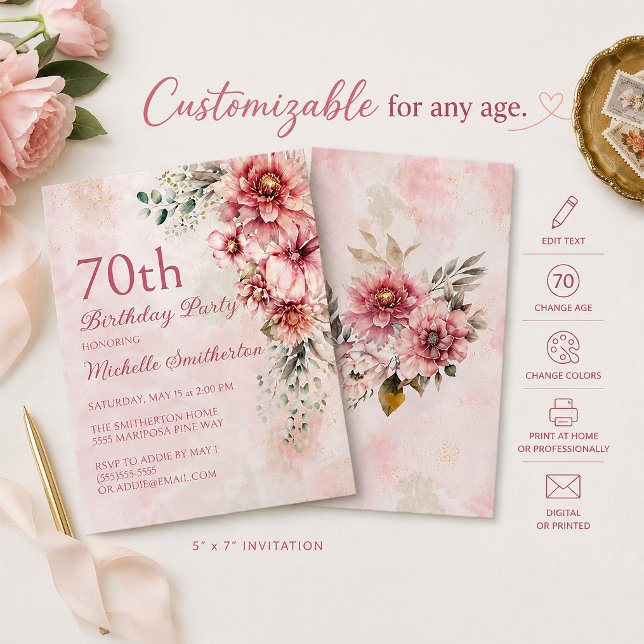 Invitación Elegante Cumpleaños 70 con Flores de Acuarela en R (Pink floral 70th birthday invitation)