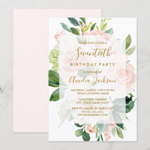 Invitación Elegante Cumpleaños 70 de Flor de Melocotón Rosa