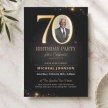 Elegante Cumpleaños 70 en Oro y Negro con Foto