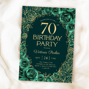Invitación Elegante Cumpleaños 70 Esmeralda Verde Oro Floral