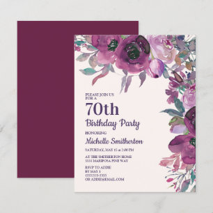 Invitación Elegante Cumpleaños 70 Floral Acuarela Morado