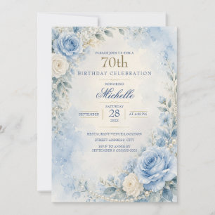 Invitación Elegante Cumpleaños 70 Floral Perla Azul Polvo