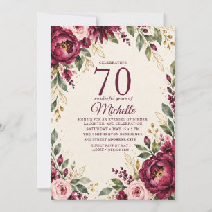 Invitación Elegante Cumpleaños 70 Floral Rosa Borgoña