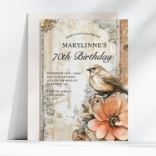 Invitación Elegante Cumpleaños 70 Floral Vintage Pájaro