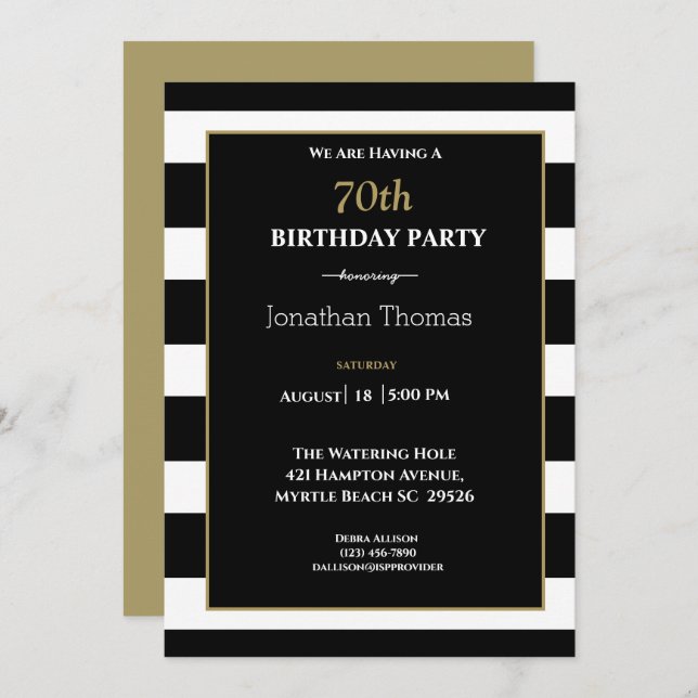 Invitación Elegante Cumpleaños 70 Hombre Negro Blanco Dorado  (Anverso / Reverso)