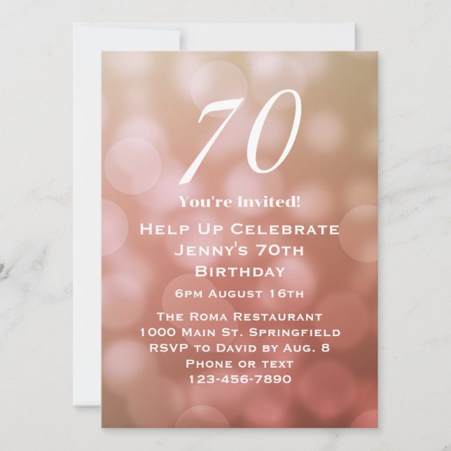 Invitación Elegante cumpleaños 70 para ella en el Bokeh Rosad (Anverso)