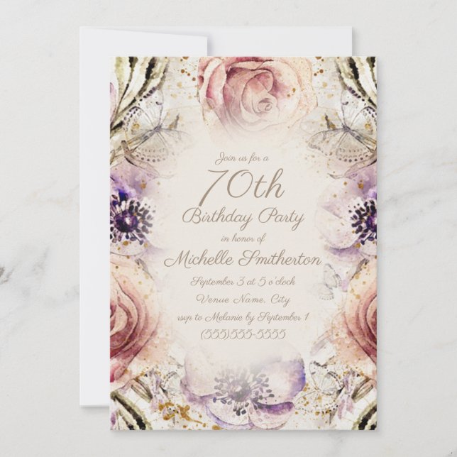Invitación Elegante Cumpleaños 70 Rosa Rubor Púrpura Script (Anverso)
