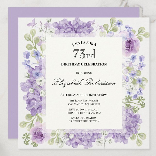 Invitación elegante cumpleaños 73 con flores púrpu (Subido por el creador)