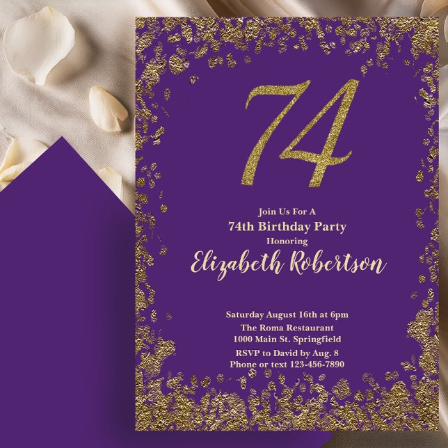 Invitación Elegante Cumpleaños 74 Morado Dorado (Subido por el creador)