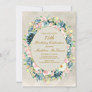 Invitación Elegante Cumpleaños 75 de Rosa Floral Verde