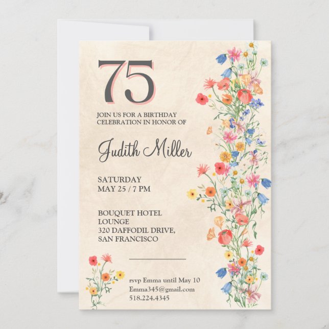 Invitación Elegante cumpleaños 75 - Diseño Fiesta floral (Anverso)
