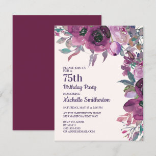 Invitación Elegante Cumpleaños 75 Floral Acuarela Morado