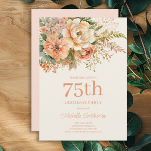 Invitación Elegante Cumpleaños 75 Floral Crema de Melocotón