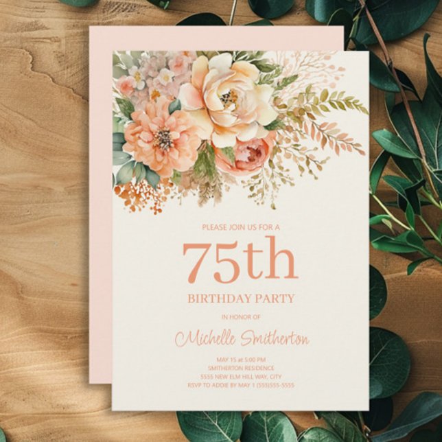 Invitación Elegante Cumpleaños 75 Floral Crema de Melocotón (Peach and cream watercolor floral 75th birthday party invitation)