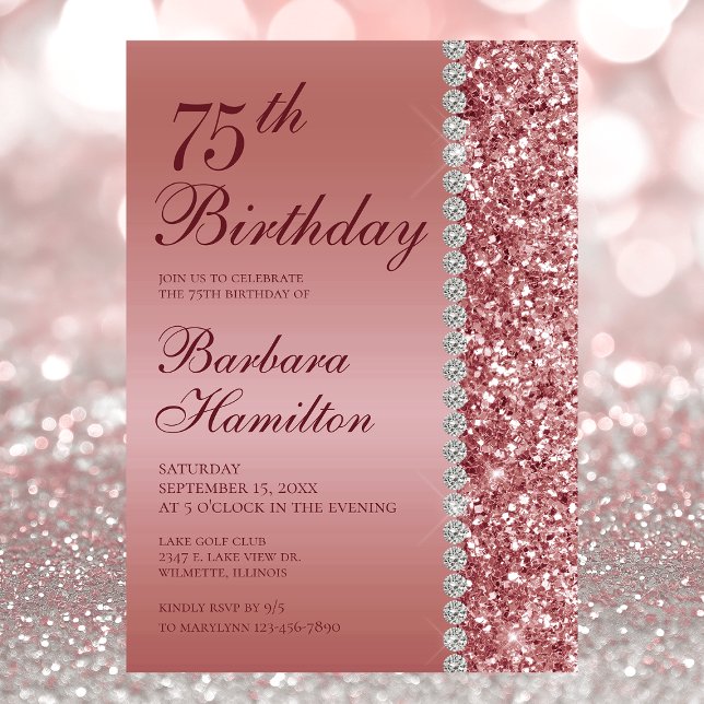 Invitación Elegante Cumpleaños 75 Foto Cumpleaños Fiesta Rosa (Subido por el creador)