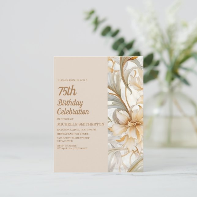 Invitación Elegante Cumpleaños 75 Tan Rust Floral Acuarela (Anverso de pie)