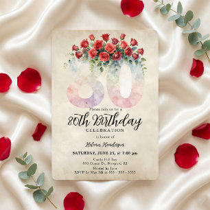 Invitación Elegante cumpleaños 80 con acuarela de rosa roja v