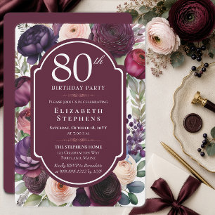 Invitación Elegante Cumpleaños 80 con Ranunculus Florales de 