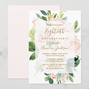 Invitación Elegante Cumpleaños 80 de Flor de Melocotón Rosa