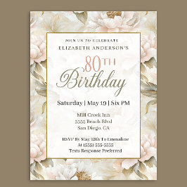Invitación Elegante Cumpleaños 80 de Peonía Marfil Rosa Suave