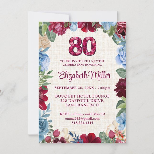 Invitación Elegante cumpleaños 80 - Diseño floral de Borgoña (Anverso)