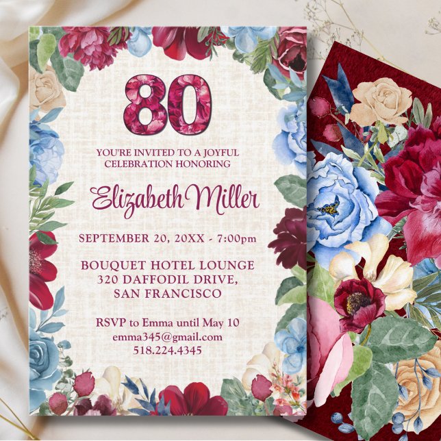 Invitación Elegante cumpleaños 80 - Diseño floral de Borgoña (Subido por el creador)