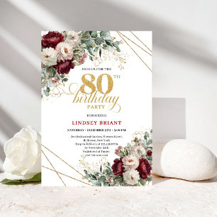 Invitación Elegante Cumpleaños 80 en Rojo Burgundy Profundo