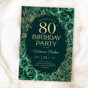 Invitación Elegante Cumpleaños 80 Esmeralda Verde Oro Floral