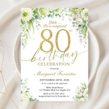 Elegante Cumpleaños 80 Oro Floral Eucalipto Marfil