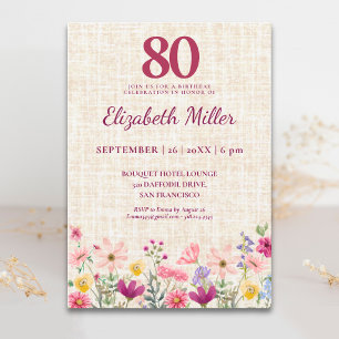 Invitación Elegante Cumpleaños 80 para Ella - Flores de Lino