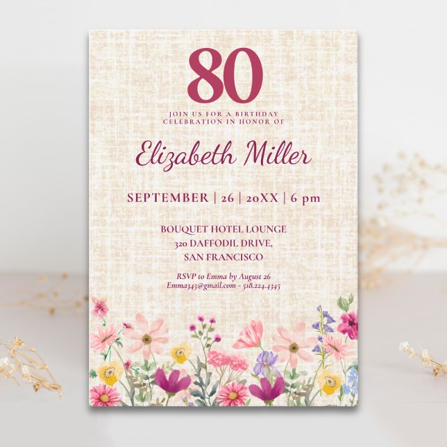 Invitación Elegante Cumpleaños 80 para Ella - Flores de Lino (Subido por el creador)