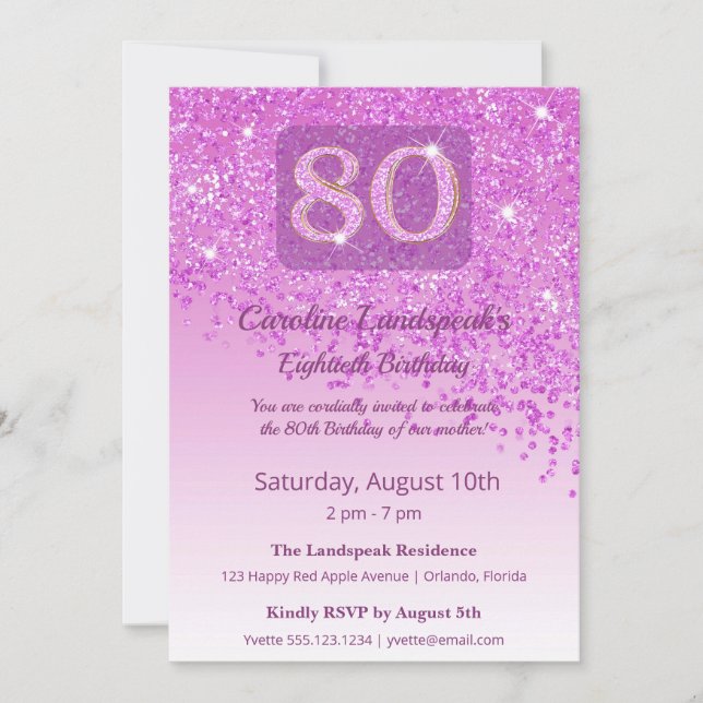 Invitación Elegante cumpleaños 80 rosa brillo  (Anverso)